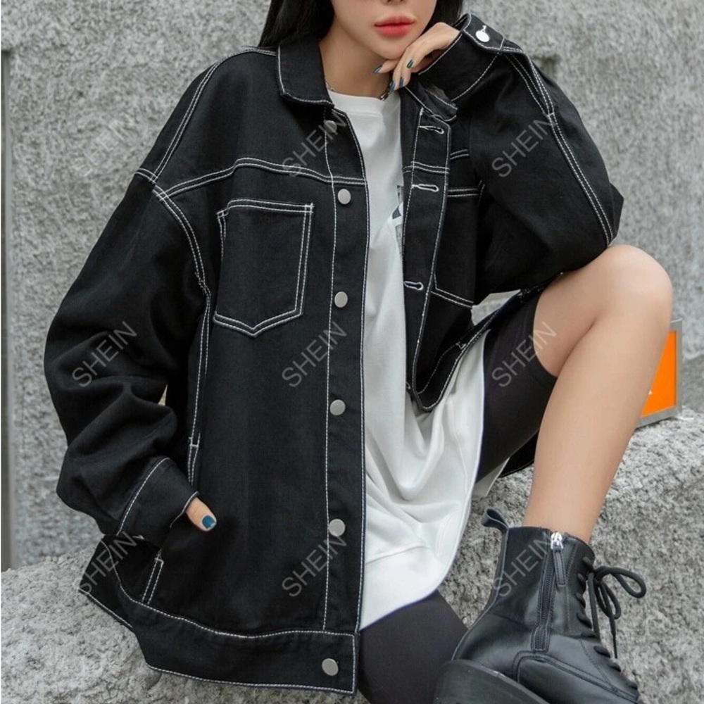 DAZY Letter Graphic Drop Shoulder Top-stitching Denim Jacket - Picture 1 of 4
